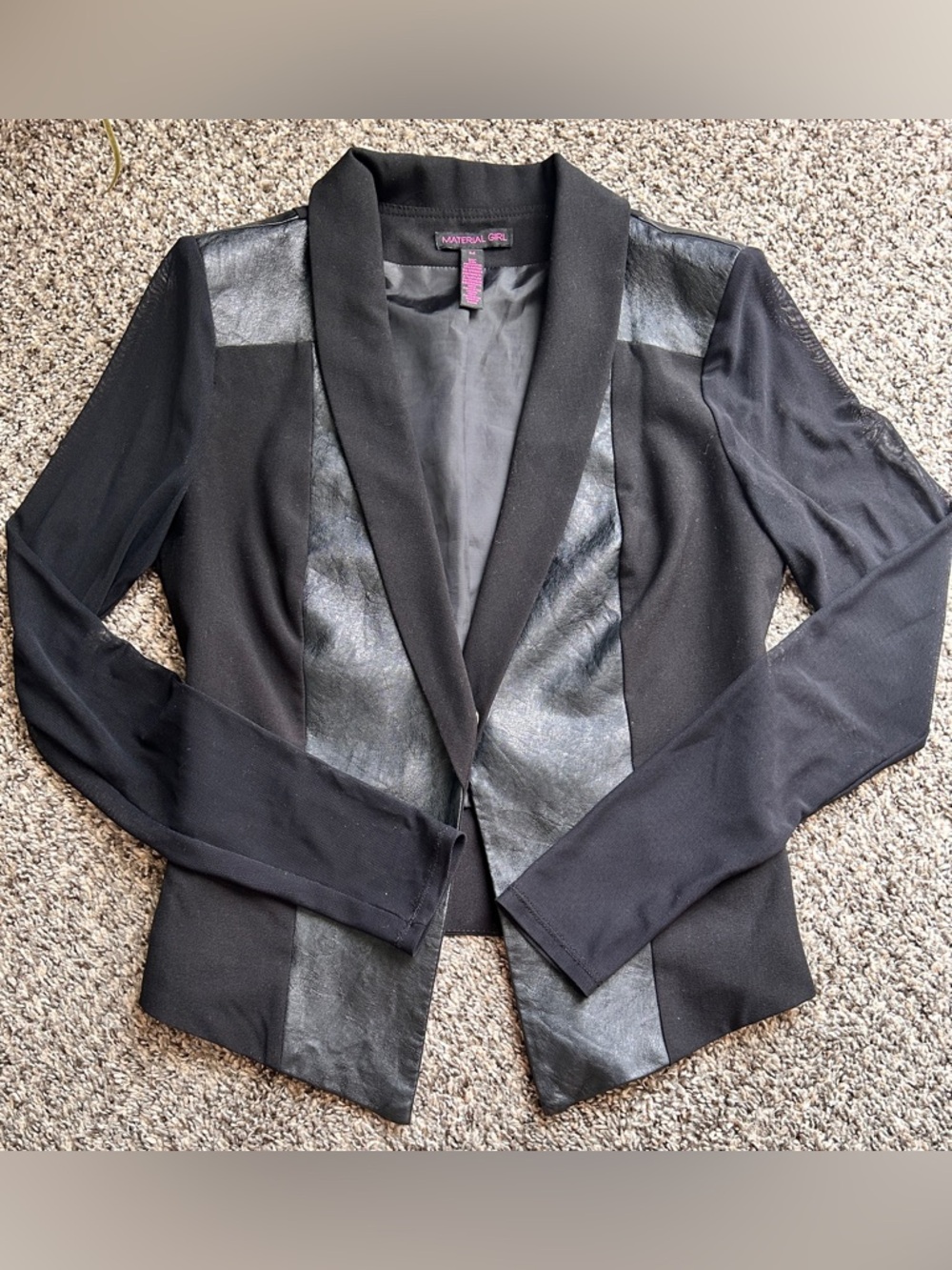 Material Girl Black Blazer with Faux Leather Panels and Mesh Long Sleeves